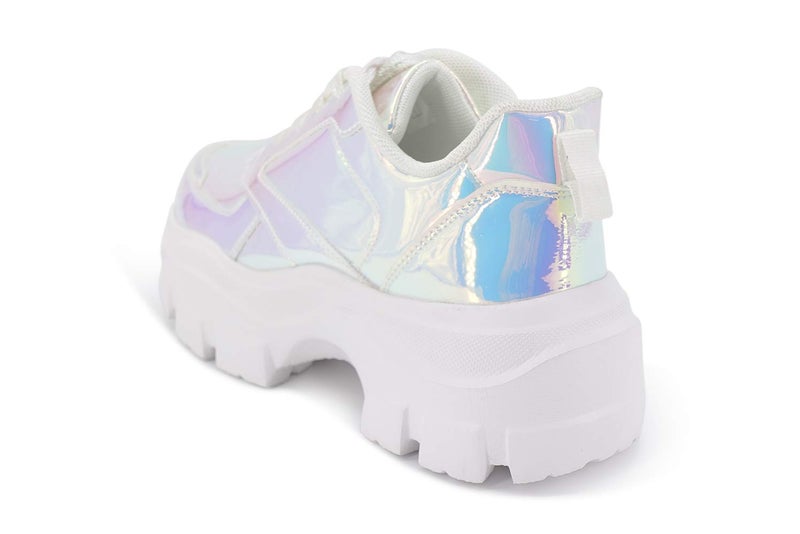 LUCKY STEP Women 90S Chunky Platform Reflective Sneakers - White Hologram Casual Lace-Up Walking Dad Sneakers(White Hologram,6 B(M) US) - Image 4